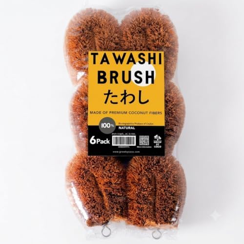 Pack of 6 Tawashi Vegetable Scrub Brush, Natural Coconut Coir Fiber Produce Brush, Fruit & Vegetable Scrubber, Kitchen Cleaning Brush, Japanese Kamenoko Design by GrowByCoco