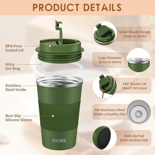 KETIEE Travel Coffee Mug 12oz: Vacuum Insulated Coffee Cup with Leakproof Lid, Coffee Tumbler, Reusable Coffee Cups, Double Wall Stainless Steel Coffee Mug to Go for Hot/Iced Water Tea (Green) - Image 2