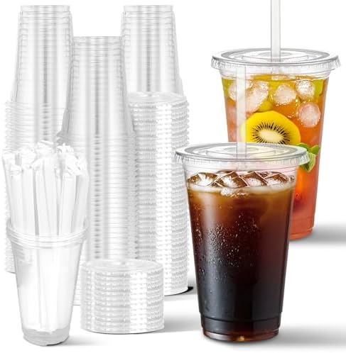 Charmount 100 Sets- 20 oz Clear Plastic Cups with Lids and Straws by CHARMOUNT