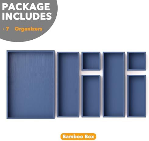 SpaceAid 7-Piece Bamboo Drawer Organizer Storage Boxes Set, Wood Tray Junk Drawer Organizers Multi-Use Divider Bins for Kitchen, Bathroom, Office Desk and Makeup Organization (7 Pack, Navy Blue) - Image 6