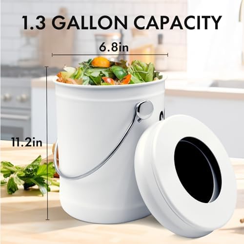 ENLOY Kitchen Countertop Compost Bin, 1.3 Gallon, Stainless Steel, White - Image 2