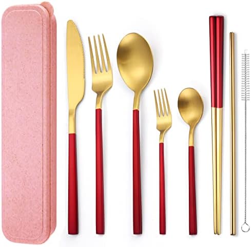 AARainbow 8 Pieces Stainless Steel Flatware Set Portable Reusable Cutlery Set Travel Utensils Set Including Chopsticks Knife Fork Spoon Straws Cleaning Brush Dishwasher Safe (B-Red Golden) by AARAINBOW