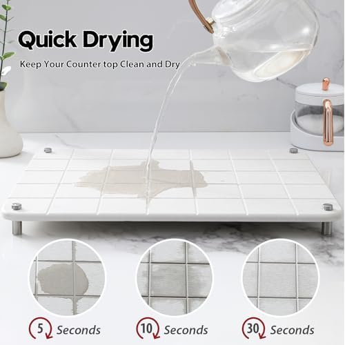 Razborci Stone Dish Drying Mat for Kitchen Counter, Water Absorbing Bathroom Tray Sink Organizer, Diatomaceous Earth Countertop Dish Rack Riser Sponge Holder Soap Dish, Gray Beige, 16" x 12" - Image 5