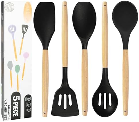 Non-Stick Silicone Cooking Utensils Set, 5 Pcs with Wooden Handle, Heat Resistant Silicone Kitchen Gadgets (Black) by SHUNIKING