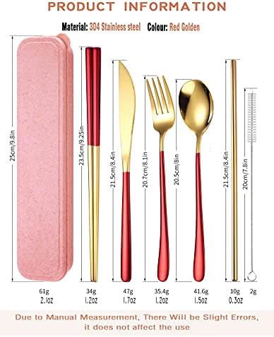 AARAINBOW 6 Pieces 18/8 Stainless Steel Flatware Set Portable Reusable Cutlery Set Travel Utensils Set Including Chopsticks Knife Fork Spoon Straws Cleaning Brush Dishwasher Safe (Red golden) - Image 2