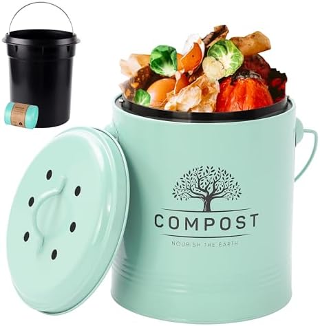 Perfnique Kitchen Compost Bin, 1.3 Gallon Countertop Compost Bin with Lid, Indoor Compost Bucket Includes Inner Bucket Liner and Carbon Filter, Small Compost Bin with Trash Bags (with Bags, Mint) by PERFNIQUE