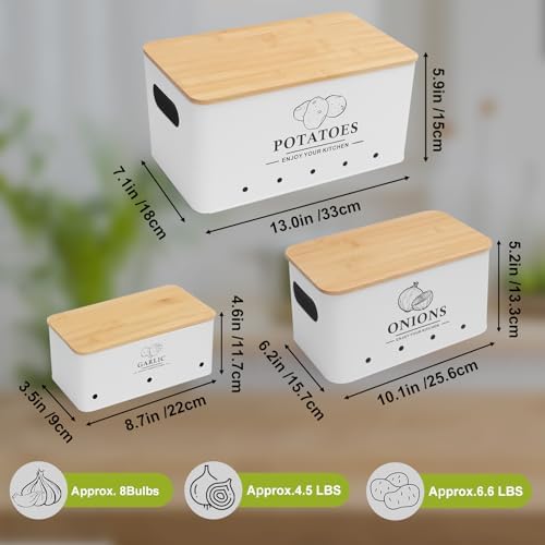 Kitchen Vegetable Storage Set of 3, Metal Onion Garlic Potato Storage Set, Kitchen Canisters Vegetable Keeper Containers with Aerating Holes and Bamboo Lid,White - Image 5