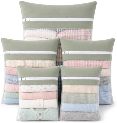 Green 5-piece set in bags, durable cotton mesh laundry bags, sturdy zipper, breathable mesh, delicate laundry bags, suitable for underwear, clothes, pants, and socks by NAHADS
