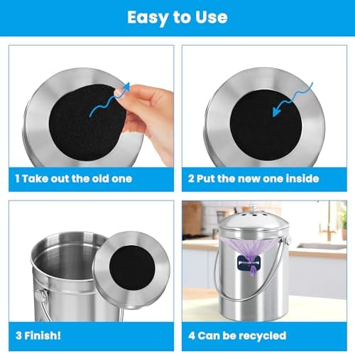 PURIMADE 10Pack 7.25 Inch Charcoal Filters for Compost Bucket with Cutting Template & Trash Can Bag Holder Clip, Universal Size Compost Bin Filter, Compost Filters for Countertop Bin - Image 6