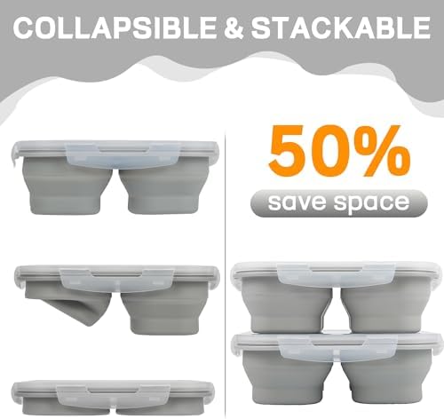 Collapsible Silicone Food Storage Container, 4-Compartment Snack Containers Portion Control with Clip-on Lid, Stackable, Space Saving, Microwave/Fridge/Freezer/Dishwasher Safe (3) - Image 2