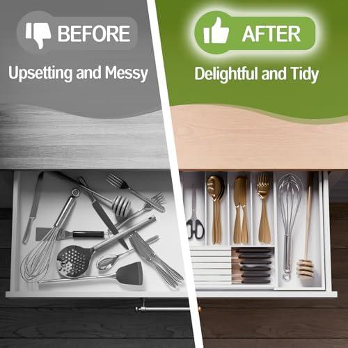 Bamboo Kitchen Silverware Drawer Organizer - Expandable Wood Utensil Holder with Dividers, Luxury Cutlery Storage Tray for Kitchen Utensil and Flatware (5-7 Slots with Removable Knife Block, (White) - Image 3