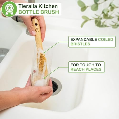Tieralia Bamboo Dish Brush Gift Set – 5-Piece Kitchen Cleaning Set with Bottle Brush, Round Scrub Brush, Palm Brush & 2 Plant-Based Sponges | Wooden Handle Cleaning Tools for Dishes & Surfaces - Image 2