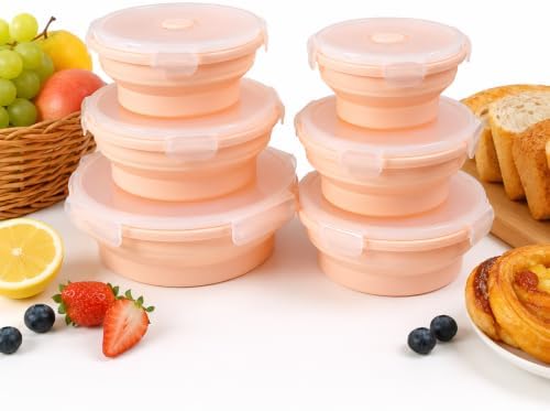 Plus 6PCS Foldable Silicone Food Storage Containers for Kitchen Storage for Leftovers Fruits and Meal Prep Dishwasher Safe Microwave Safe Ideal for Home and Travel (Pink, round) by TZCOBLI