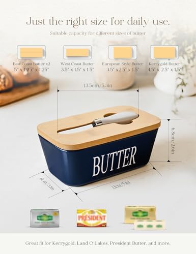 Ceramic Butter Dish with Lid and Knife & Silicone Seal for Countertop Blue - Image 2