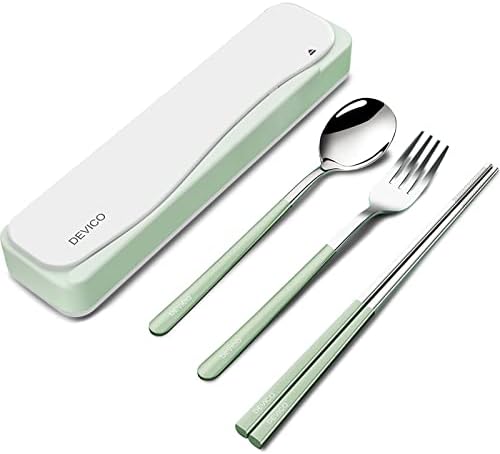 DEVICO Travel Utensils with Case, 4Pcs Portable Silverware Set for Work, 18/8 Stainless Steel Reusable Cutlery, Korean Spoon and Chopsticks Fork for Camping, School, Lunch Box Accessories (Green) by DEVICO