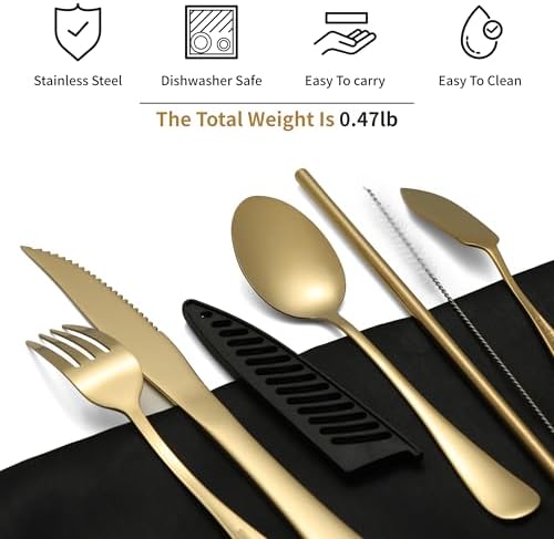 Travel Utensils with Case, Portable Silverware Set Stainless Steel Lunch Box Travel Cutlery Set for Work, Camping, Picnic, Hiking, Office (Gold) - Image 3