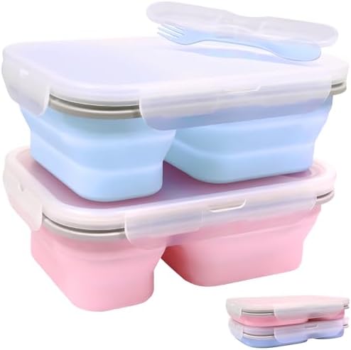 2 Pack Collapsible Silicone Bento Lunch Boxes With Lids,2 Compartments, Divided Lunch Food Storage Containers, 37.2 oz, Safe in Microwave, Dishwasher and Freezer, BPA Free by FUSMYE