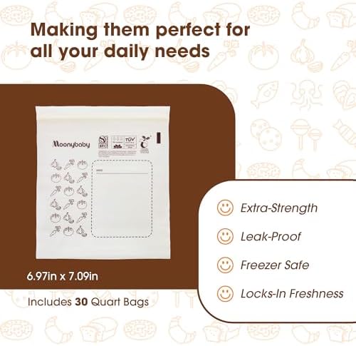 Moonybaby Compostable Quart Size Food Storage Bags (30 Count), Organic Food Storage Container with Food-Safe Zip Seal, Freezer and Leak Proof - Image 2