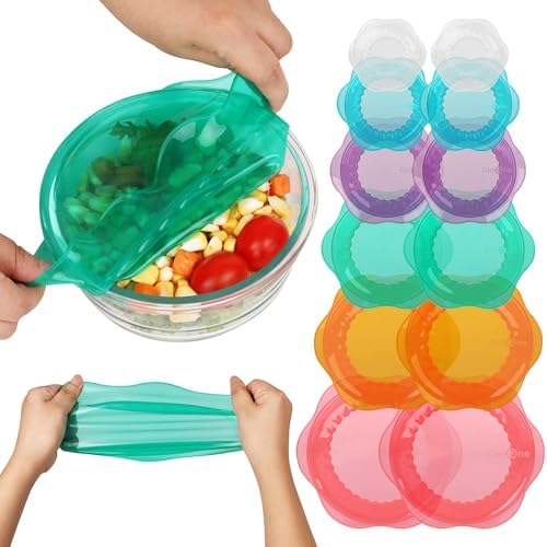 Silicone Stretch Lids for Food Storage in Fridge, Reusable Elastic Bowl Covers for Cup, Cans, Jars, Round & Rectangle Container, Food Grade Silicone Microwave Food Cover, 12 PCS, Multicolor by ROTTOGOON