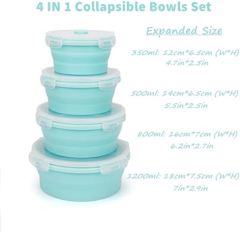 CARTINTS Silicone Collapsible Food Storage Containers-Prep/Storage Bowls with Lids – Set of 4 Round Silicone Lunch Containers – Microwave and Freezer Food Containers (Blue) - Image 2