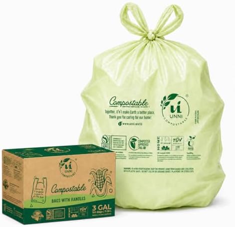 UNNI 3 Gallon Compostable Bags with Easy-Tie Handles, 11.35 L, 200 Count by UNNI