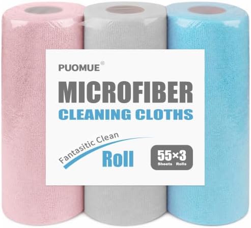 Puomue 165 Pack Microfiber Cleaning Cloth Roll, Tear Away Reusable Towels, 11" X 9", Ultra Absorbent & Lint Free Microfiber Cloth for Cleaning, Kitchen, Window (Grey＋Pink＋Blue, 11" L x 9" W) by Puomue