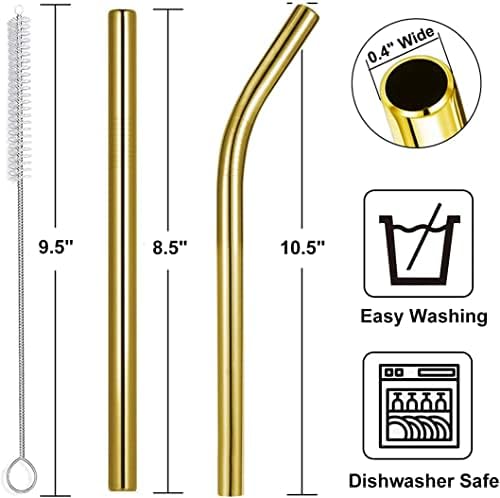 Vinaco 6 Pack Gold 0.4" Wide Bore Reusable Stainless Steel Smoothie Straws - Image 2