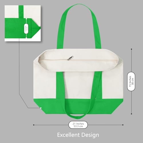 TOPDesign 3-Pack Canvas Tote Bags with an External Pocket, Reusable Grocery Shopping Bags, Top Zipper Closure, Daily Essentials (Lime Green/Natural) - Image 5