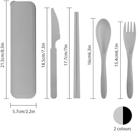 2 Sets Plastic Reusable Utensils Set with Case, Travel Chopsticks Fork Spoon Knife Set for Lunch Box, Portable Cutlery Sets for Travel Camping Daily Use (Black, Grey) - Image 2