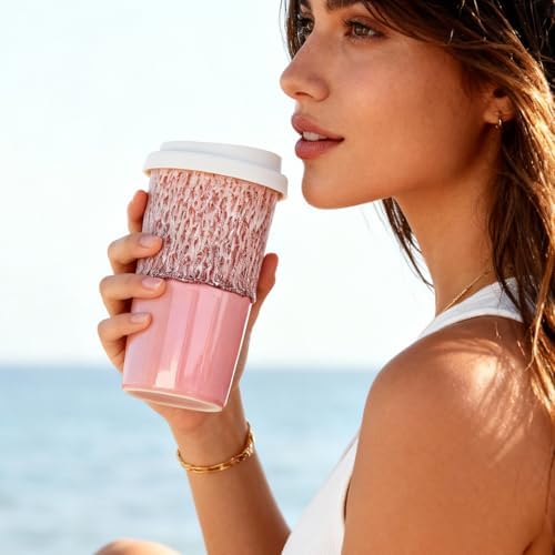 Ceramic Travel Mug with Lid 12 oz Cute Aesthetic Coffee Cup for Women, Stylish Reusable Travel Mug, Microwave & Dishwasher Safe, Fits Car Cup Holder (Icy Pink) - Image 5