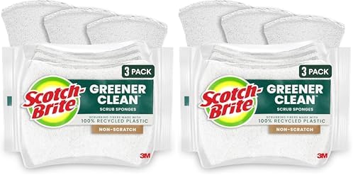 Scotch-Brite Greener Clean Non-Scratch Scrub Sponge, Sponge for Washing Dishes, Cleaning Kitchen, Superior Performance and Made with Sustainable Materials, Dishwasher Safe, 3 Scrub Sponges (Pack of 2) by Scotch-Brite