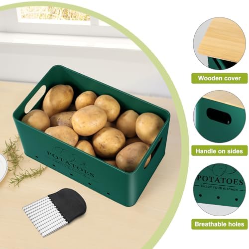 Kitchen Vegetable Storage Set of 3, Metal Onion Garlic Potato Storage Set, Kitchen Canisters Vegetable Keeper Containers with Aerating Holes and Bamboo Lid,Alpine Green - Image 3