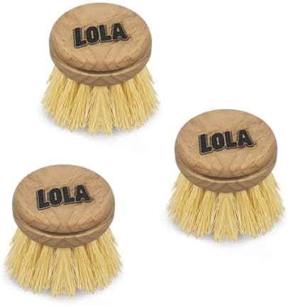 LOLA Replacement Head for the Original Tampico Vegetable & Dish Brush, 3 Pack, Birch Hardwood & Tampico Bristles, Reusable & Washable by LolaProducts