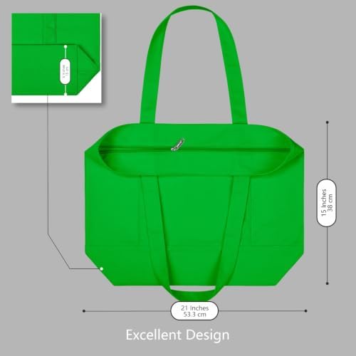 TOPDesign 3-Pack Canvas Tote Bags with an External Pocket, Reusable Grocery Shopping Bags, Top Zipper Closure, Daily Essentials (Lime Green) - Image 5