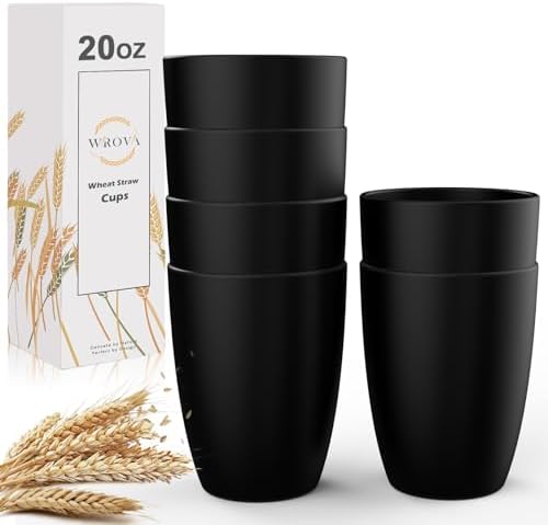 Wrova Wheat Straw Cups 6 PCS Good Alternative to Plastic Reusable Cups 20 oz Unbreakable Drinking Cup Reusable Dishwasher Safe Water Plastic Glasses Black by WROVA