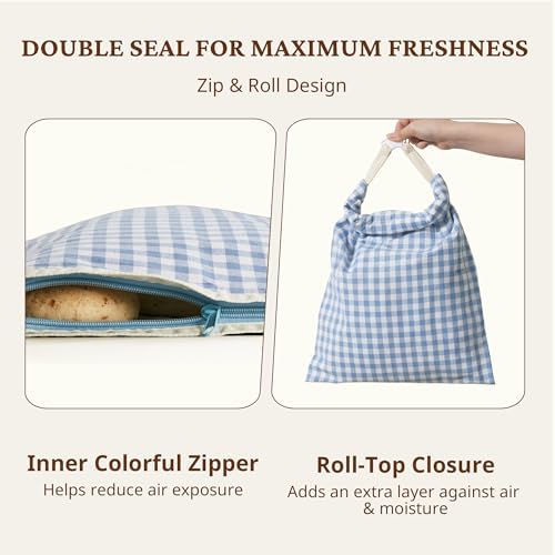 BRONYPRO Reusable Beeswax and Linen Bread Bags with Zipper, 2-Pack Waxed Bread Bags for Homemade Bread & Sourdough, Sustainable Loaf Storage to Lock in Freshness, Large 17x12.6in, Blue Gingham - Image 3