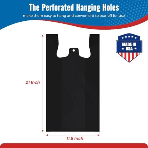 Fuxury 1000 Count Black Plastic Grocery Shopping T-shirt Bags with Handles - Image 2