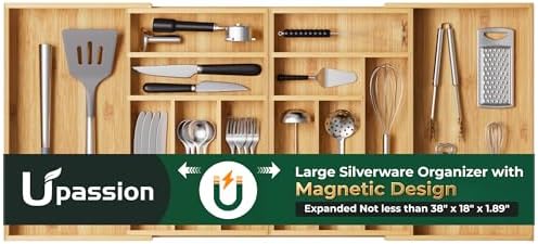 Large Silverware Organizer, 12 Slots Magnetic Connected Expandable Bamboo Utensil Drawer Organizer From 21 to 37.4 Inches, Adjustable Flatware and Cutlery Holder, Utensil Tray for Kitchen Natural by Upassion
