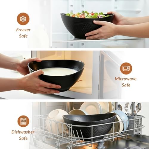 Homienly Wheat Straw Bowls Set of 6, 60 OZ Salad Bowl Large Capacity for Soup, Popcorn - Unbreakable Serving Bowl - Microwave & Dishwasher Safe Bowl, Alternative for Plastic Bowls for Kitchen - Black - Image 5