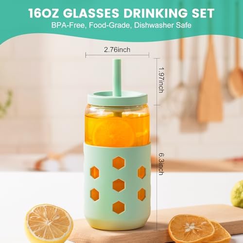 Mrsdry 16 oz Glass Cups with Lids and Straws for Gift, 4-Pack, Green - Image 3