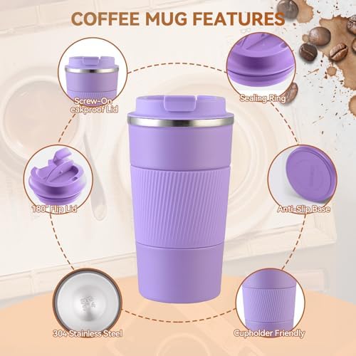 17OZ Travel Coffee Mug Insulated Coffee Cup with Spill Leak Proof Lid, Portable Stainless Steel Tumbler Reusable Hot and Cold Water Mug for Car, Daily, Camping- Purple - Image 5