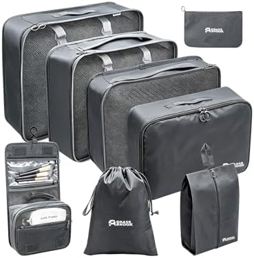 8 Set Packing Cubes for Travel Essentials With Hanging Toiletry Bag for Women, Lightweight Suitcase Organizer Bags with Mackup bag, Carry-On Luggage Accessories (Gray) by GRASSBROOK