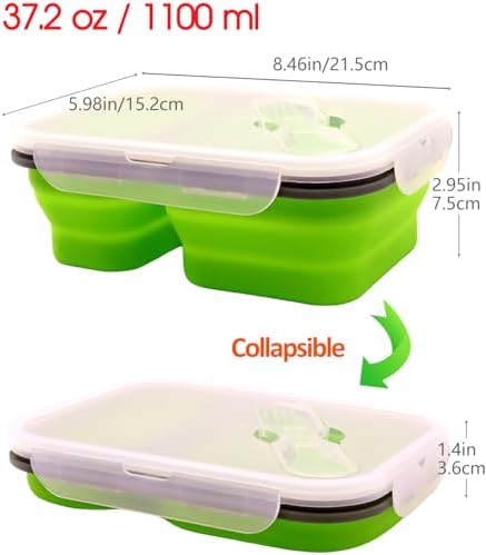 2 Pack Collapsible Silicone Bento Lunch Boxes With Lids,2 Compartments, Divided Lunch Food Storage Containers, 37.2 oz, Safe in Microwave, Dishwasher and Freezer, BPA Free - Image 4