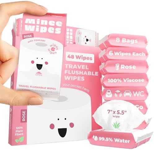 Impossibly Compact Travel Flushable Wipes - 99.5% Water and Aloe - Safe for Sensitive Skin - Travel Essentials for Adults & Kids, Rose, 8 Pack 48 Wipes by MINEEWIPES