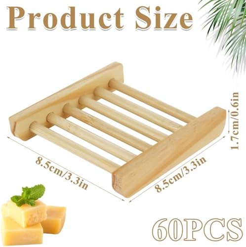 60 PCS Bamboo Soap Dish for Shower 3.3x3.5x0.7 Inch Wooden Soap Holder Self Draining Bamboo Soap Holder Handmade Wooden Soap Dish for Bar Soap Wood Soaps Tray for Bathroom, Shower, Kitchen - Image 2