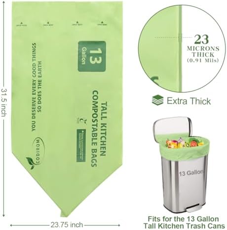 100% Compostable Trash Bags, 13 Gallon, 49.2 Liter, 0.91 Mils, 65 Count Kitchen Tall Food Scrap Compost Bags for Tall Kitchen Trash Cans with Europe EN13432 Certified - Image 3