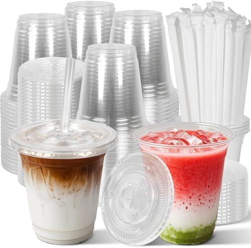 Charmount 50 Sets- 12 oz Clear Plastic Cups with Lids and Straws by CHARMOUNT