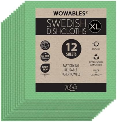 Swedish Dishcloths for Kitchen XL, 12 Sheet Roll, Biodegradable & Compostable, Reusable Paper Towel Cleaning Cloths, 11" x 10", No Odor, Washing Dishes, Ultra Absorbent Cellulose Sponge Towel, By LOLA by LolaProducts