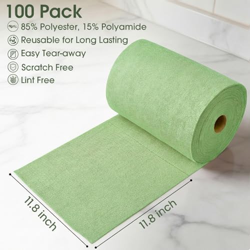Microfiber Cleaning Cloth Roll - 100 Pack Tear Away Microfiber Paper Towels, Reusable, Washable, Scratch-Free, Kitchen Towels for Car, Home, Kitchen, Glass, Dishes(Bean Green) - Image 2