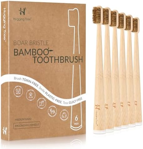 Boar Bristle Bamboo Toothbrush, Made from Natural Boar Hair Bristles, Plastic-Free (Pack of 6) by HuggingTree